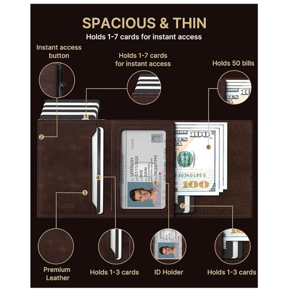 Mens Wallet Card Holder Leather Smart Wallet, Air Tag, RFID Blocking, Slim Brown - Picture 3 of 9